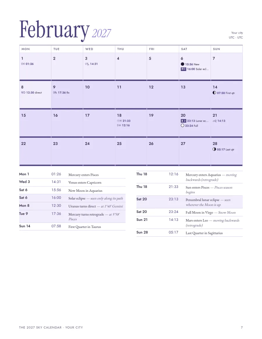 A month page of the 2027 Sky Calendar
